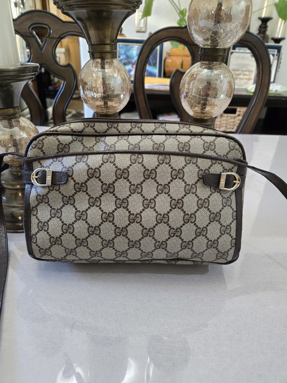 Gucci Brown GG Canvas Crossbody Bag with Dark Leather Trim